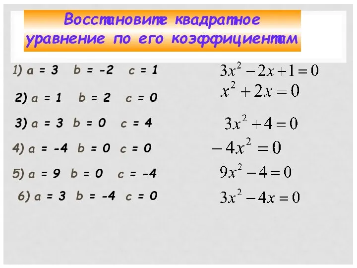 Восстановите квадратное уравнение по его коэффициентам 1) а = 3 b