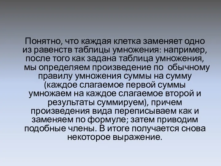 Понятно, что каждая клетка заменяет одно из равенств таблицы умножения: например,