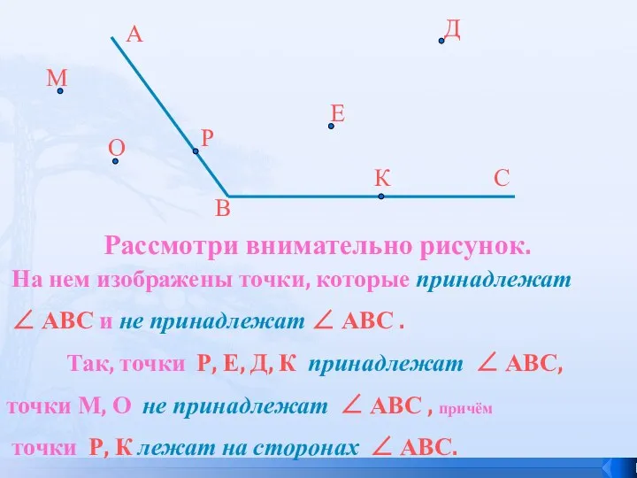 Рассмотри внимательно рисунок. На нем изображены точки, которые принадлежат ∠ АВС