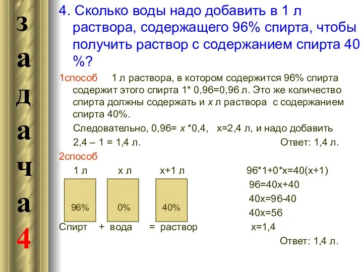 4. Сколько воды надо добавить в 1 л раствора, содержащего 96%