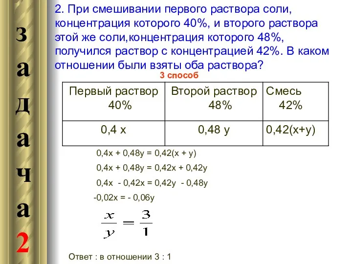 3 способ 0,4х + 0,48y = 0,42(х + у) 0,4х +