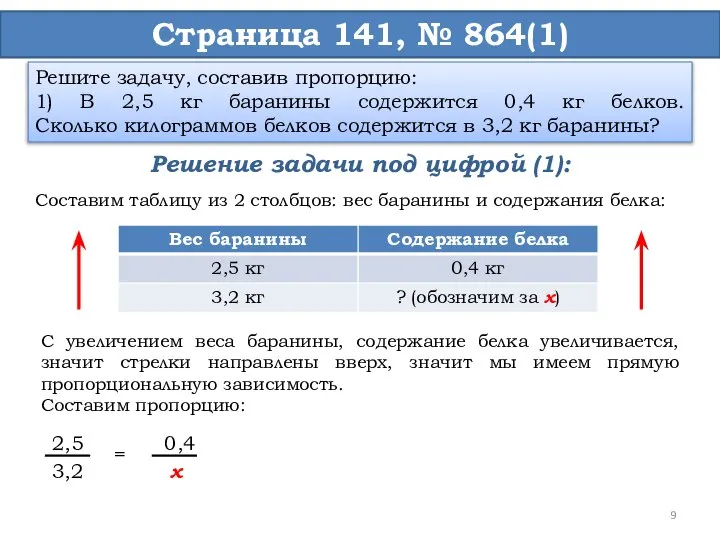 Страница 141, № 864(1) Решите задачу, составив пропорцию: 1) В 2,5