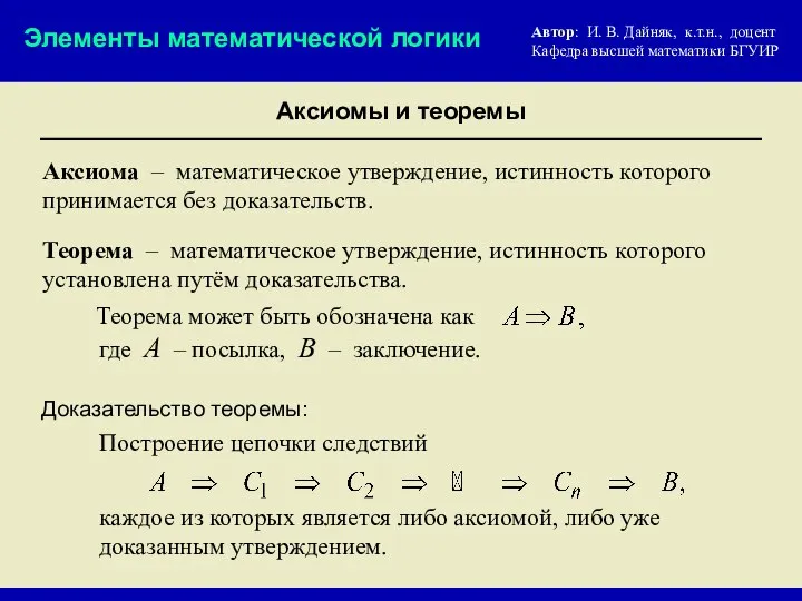 Аксиомы и теоремы Элементы математической логики Доказательство теоремы: Аксиома – математическое