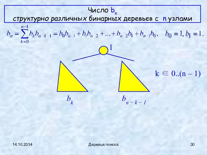 14.10.2014 Деревья поиска Число bn структурно различных бинарных деревьев с n