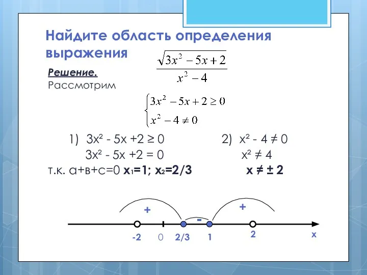 Найдите область определения выражения Решение. Рассмотрим 1) 3х² - 5х +2