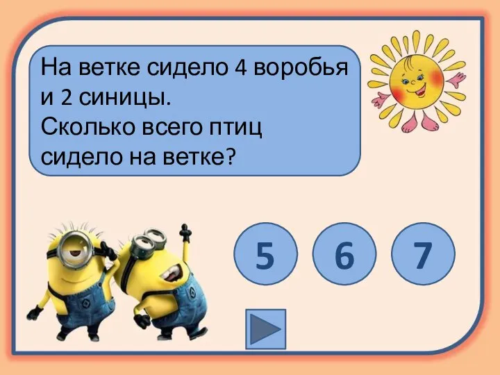 На ветке сидело 4 воробья и 2 синицы. Сколько всего птиц