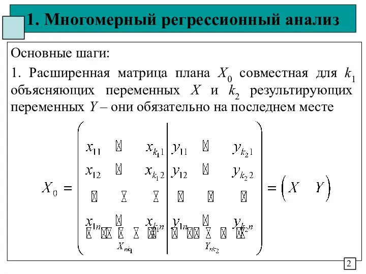 1. Многомерный регрессионный анализ Основные шаги: 1. Расширенная матрица плана Х0