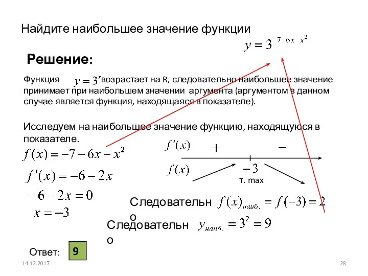 Функция возрастает на R, следовательно наибольшее значение принимает при наибольшем значении