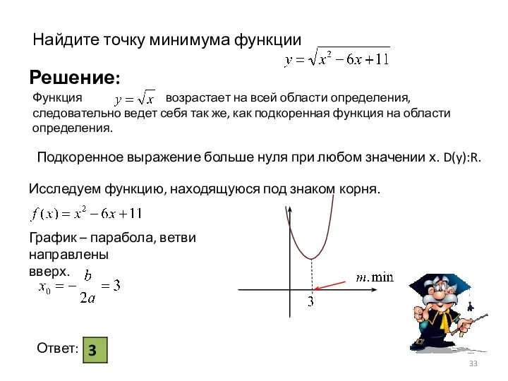 Функция возрастает на всей области определения, следовательно ведет себя так же,