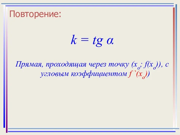 Повторение: k = tg α Прямая, проходящая через точку (хо; f(хо)), с угловым коэффициентом f `(xo))