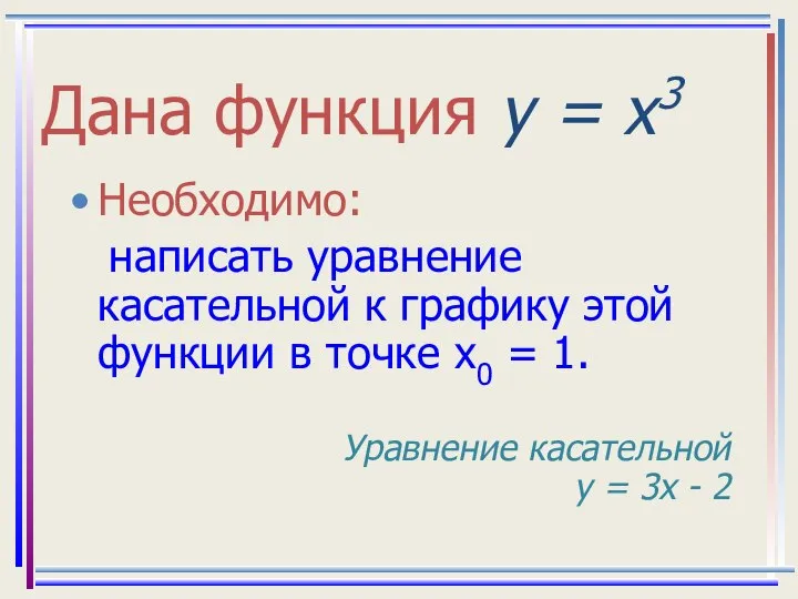 Дана функция у = х3 Необходимо: написать уравнение касательной к графику