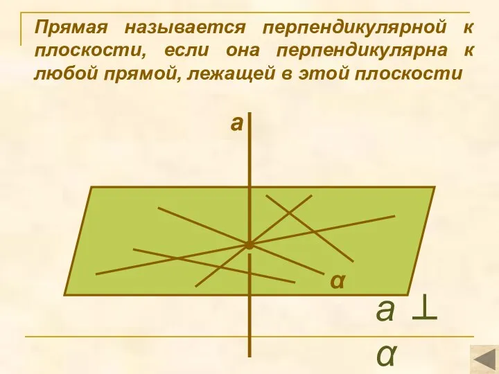 Прямая называется перпендикулярной к плоскости, если она перпендикулярна к любой прямой,