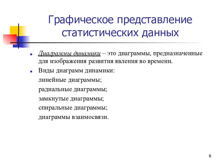 Графическое представление статистических данных Диаграммы динамики – это диаграммы, предназначенные для