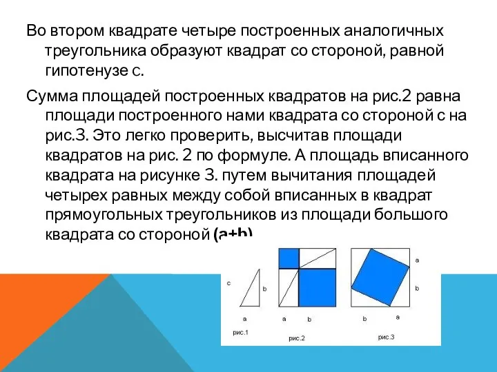 Во втором квадрате четыре построенных аналогичных треугольника образуют квадрат со стороной,