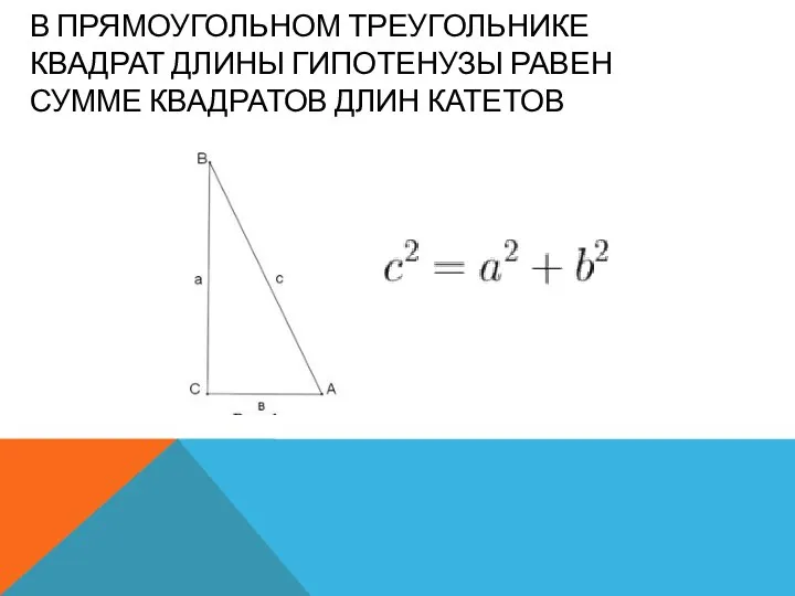 В ПРЯМОУГОЛЬНОМ ТРЕУГОЛЬНИКЕ КВАДРАТ ДЛИНЫ ГИПОТЕНУЗЫ РАВЕН СУММЕ КВАДРАТОВ ДЛИН КАТЕТОВ