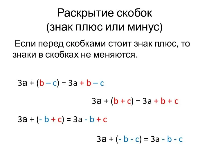 Раскрытие скобок (знак плюс или минус) Если перед скобками стоит знак