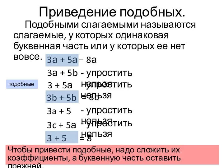 Приведение подобных. Подобными слагаемыми называются слагаемые, у которых одинаковая буквенная часть