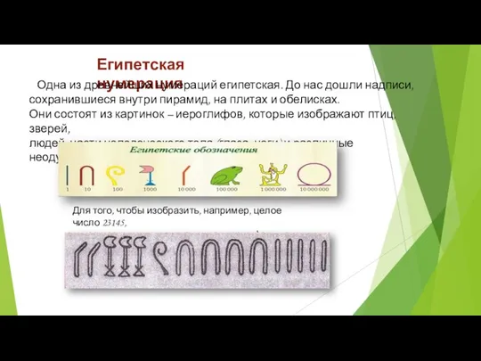 Египетская нумерация Одна из древнейших нумераций египетская. До нас дошли надписи,