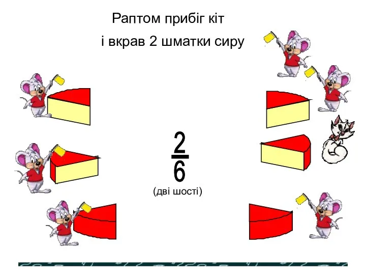 Раптом прибіг кіт і вкрав 2 шматки сиру (дві шості)