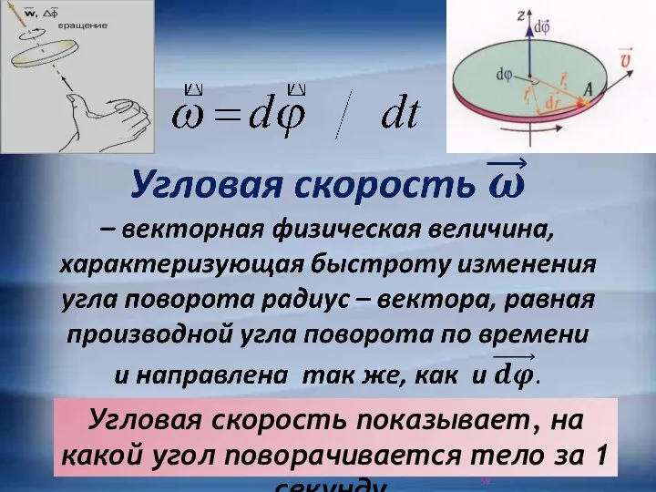 Угловая скоpость показывает, на какой угол повоpачивается тело за 1 секунду.