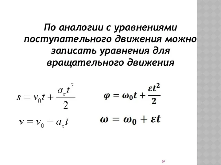 По аналогии с уравнениями поступательного движения можно записать уравнения для вращательного движения