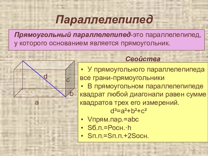 Параллелепипед Прямоугольный параллелепипед-это параллелепипед, у которого основанием является прямоугольник. а b