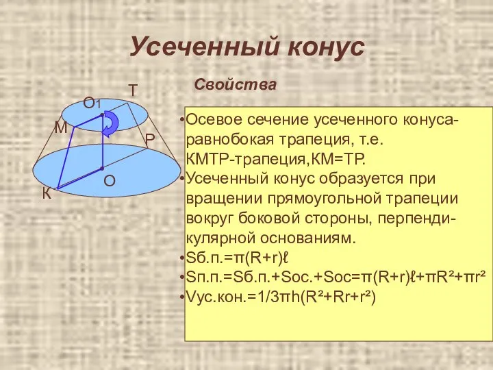 Усеченный конус Свойства • • О О1 К М Т Р