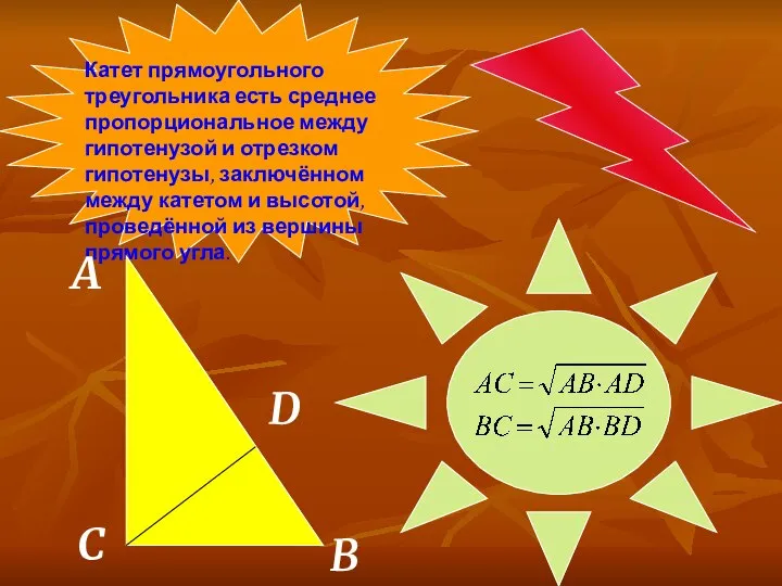 Катет прямоугольного треугольника есть среднее пропорциональное между гипотенузой и отрезком гипотенузы,
