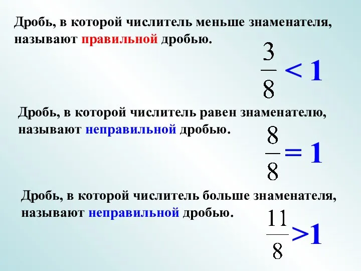 Дробь, в которой числитель равен знаменателю, называют неправильной дробью. Дробь, в