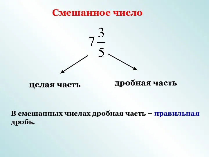 Смешанное число целая часть дробная часть В смешанных числах дробная часть – правильная дробь.