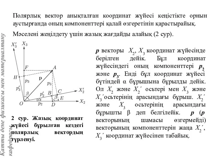 2 сур. Жазық координат жүйесі бұрылған кездегі полярлық вектордың түрленуі. Полярлық