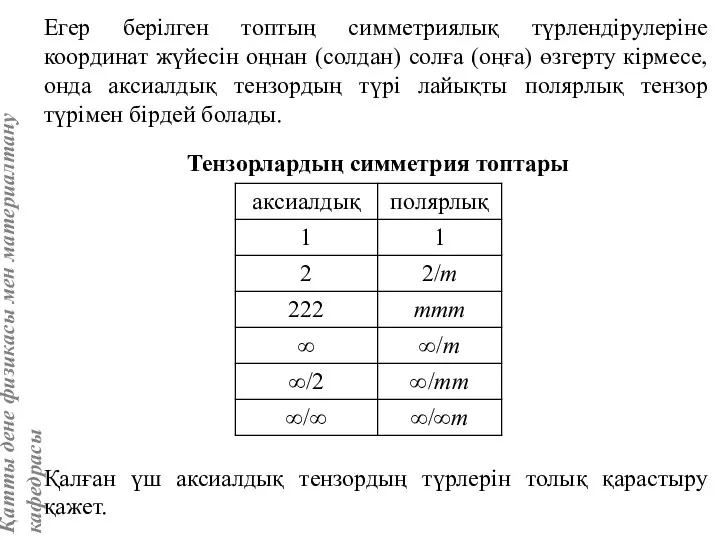 Егер берілген топтың симметриялық түрлендірулеріне координат жүйесін оңнан (солдан) солға (оңға)