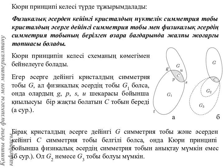 Кюри принципі келесі түрде тұжырымдалады: Физикалық әсерден кейінгі кристалдың нүктелік симметрия