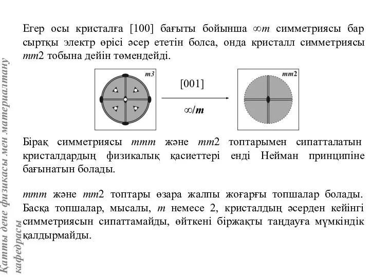 Егер осы кристалға [100] бағыты бойынша ∞m симметриясы бар сыртқы электр