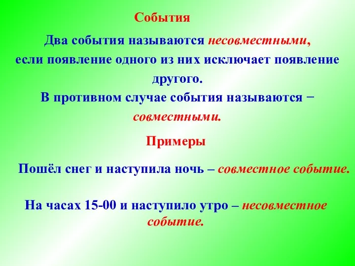 События Два события называются несовместными, если появление одного из них исключает