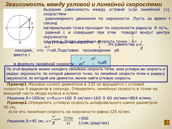 Зависимость между угловой и линейной скоростями По этой формуле можно находить