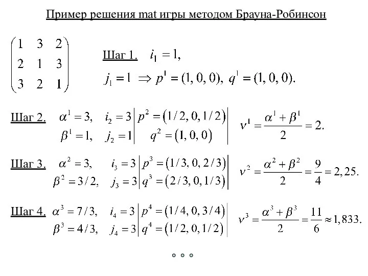 Пример решения mat игры методом Брауна-Робинсон Шаг 1. Шаг 2. Шаг 3. Шаг 4.