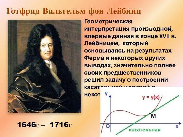 Геометрическая интерпретация производной, впервые данная в конце XVII в. Лейбницем, который