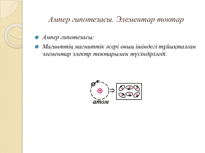 Ампер гипотезасы. Элементар токтар Ампер гипотезасы: Магинттің магниттік әсері оның ішіндегі тұйықталған элементар электр токтарымен түсіндіріледі.