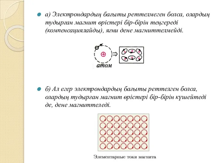 а) Электрондардың бағыты реттелмеген болса, олардың тудырған магнит өрістері бір-бірін теңгереді