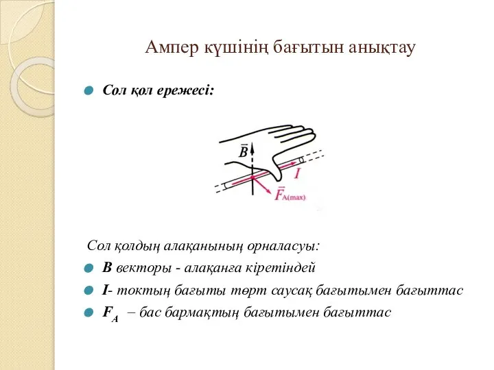 Ампер күшінің бағытын анықтау Сол қол ережесі: Сол қолдың алақанының орналасуы: