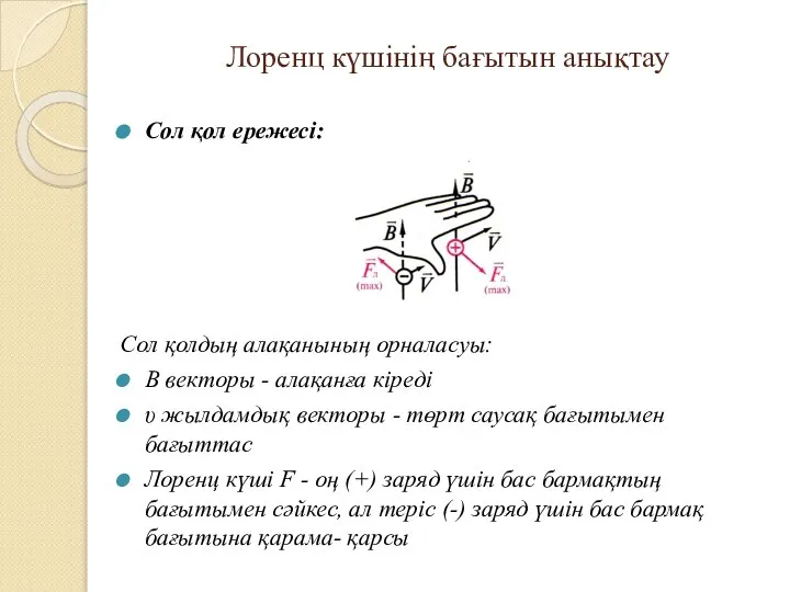 Лоренц күшінің бағытын анықтау Сол қол ережесі: Сол қолдың алақанының орналасуы: