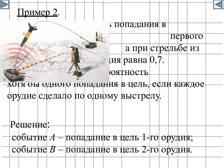 Пример 2. Вероятность попадания в цель при стрельбе из первого орудия