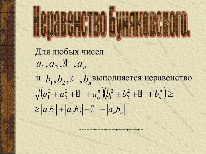 Неравенство Буняковского. Для любых чисел и выполняется неравенство