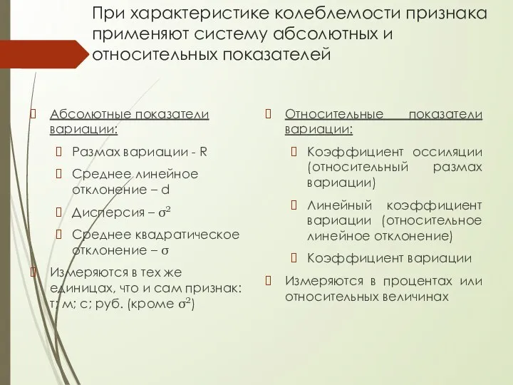 При характеристике колеблемости признака применяют систему абсолютных и относительных показателей Абсолютные