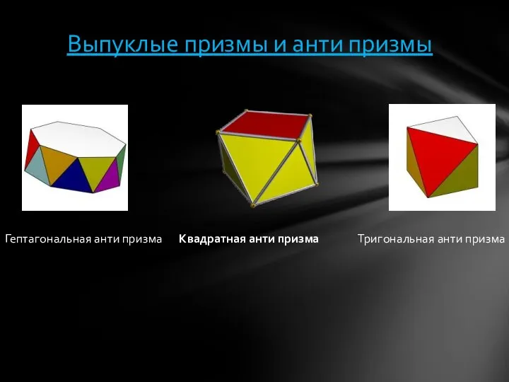 Выпуклые призмы и анти призмы Гептагональная анти призма Квадратная анти призма Тригональная анти призма