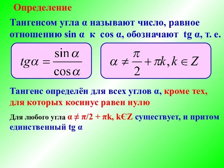 Определение Тангенс определён для всех углов α, кроме тех, для которых