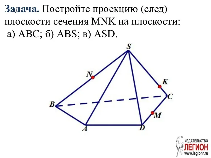 Задача. Постройте проекцию (след) плоскости сечения MNK на плоскости: а) ABC; б) ABS; в) ASD.