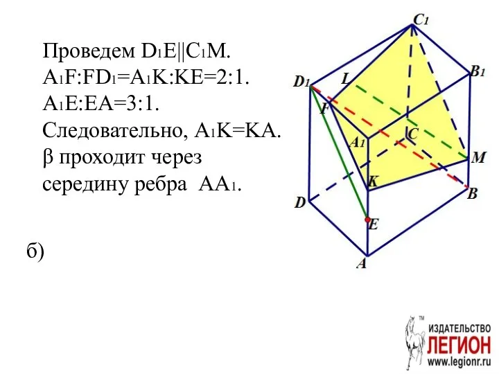 Проведем D1E||C1M. A1F:FD1=A1K:KE=2:1. A1E:EA=3:1. Следовательно, A1K=KA. β проходит через середину ребра AA1. б)