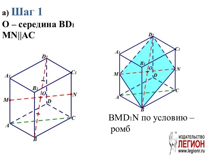 а) Шаг 1 O – середина BD1 MN||AC BMD1N по условию – ромб